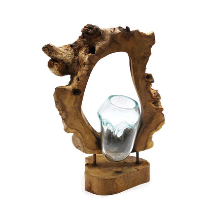 Vase suspendu en verre fondu et bois de Gamal : une décoration artisanale naturelle et originale pour un intérieur bohème et chaleureux. Ozora