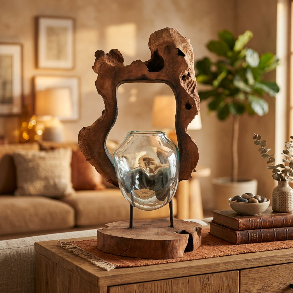Vase suspendu en verre fondu et bois de Gamal : une décoration artisanale naturelle et originale pour un intérieur bohème et chaleureux. Ozora