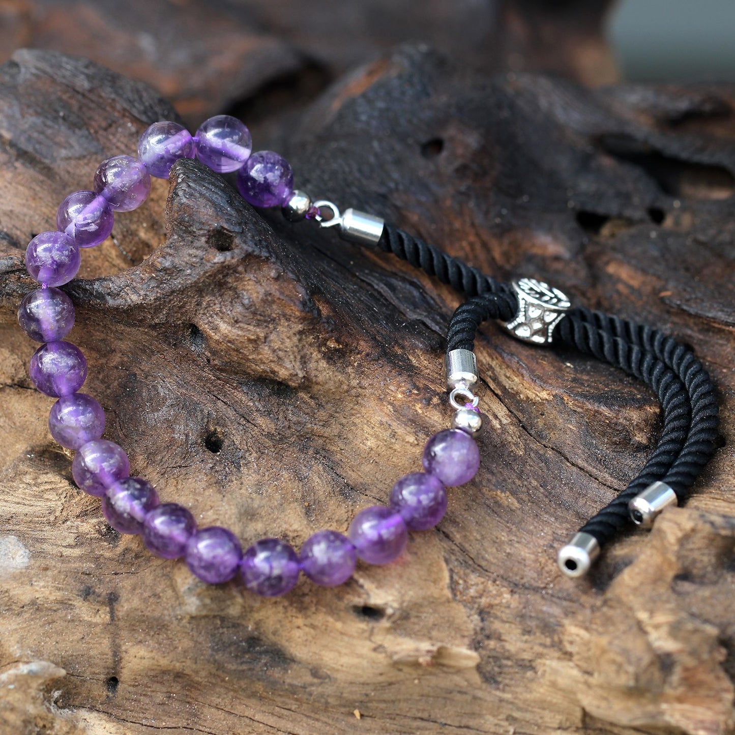 925 Silver Plated Gemstone Black String Bracelet - Amethyst AWGifts Dropship