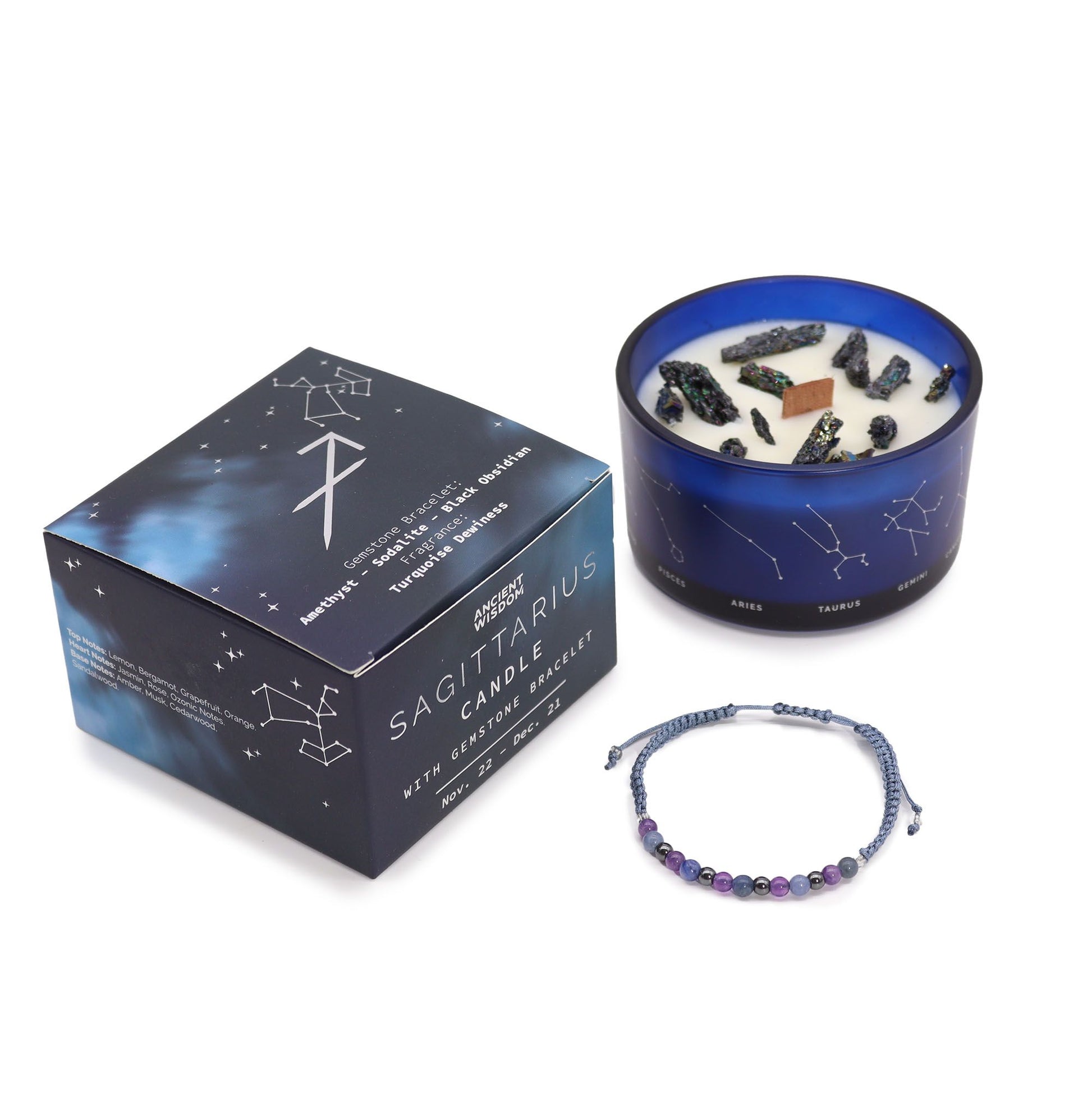 Zodiac Crystal Candle with Gemstone Bracelet - Sagittarius AWGifts Dropship