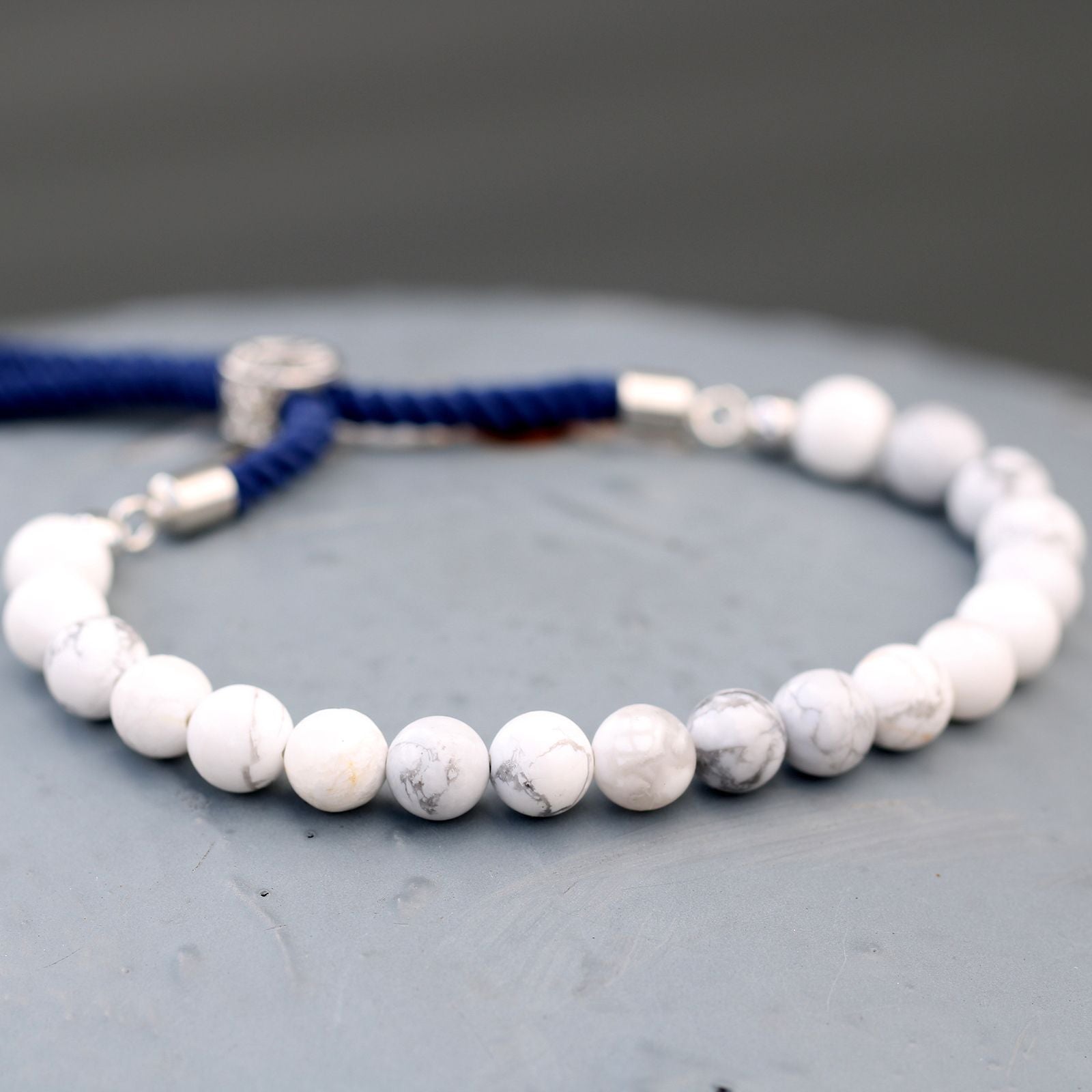 925 Silver Plated Gemstone Navy String Bracelet - White Howlite AWGifts Dropship
