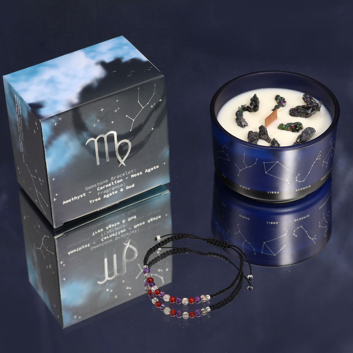 Coffret astrologique Vierge avec bougie aux cristaux et bracelet en pierres naturelles. Ozora