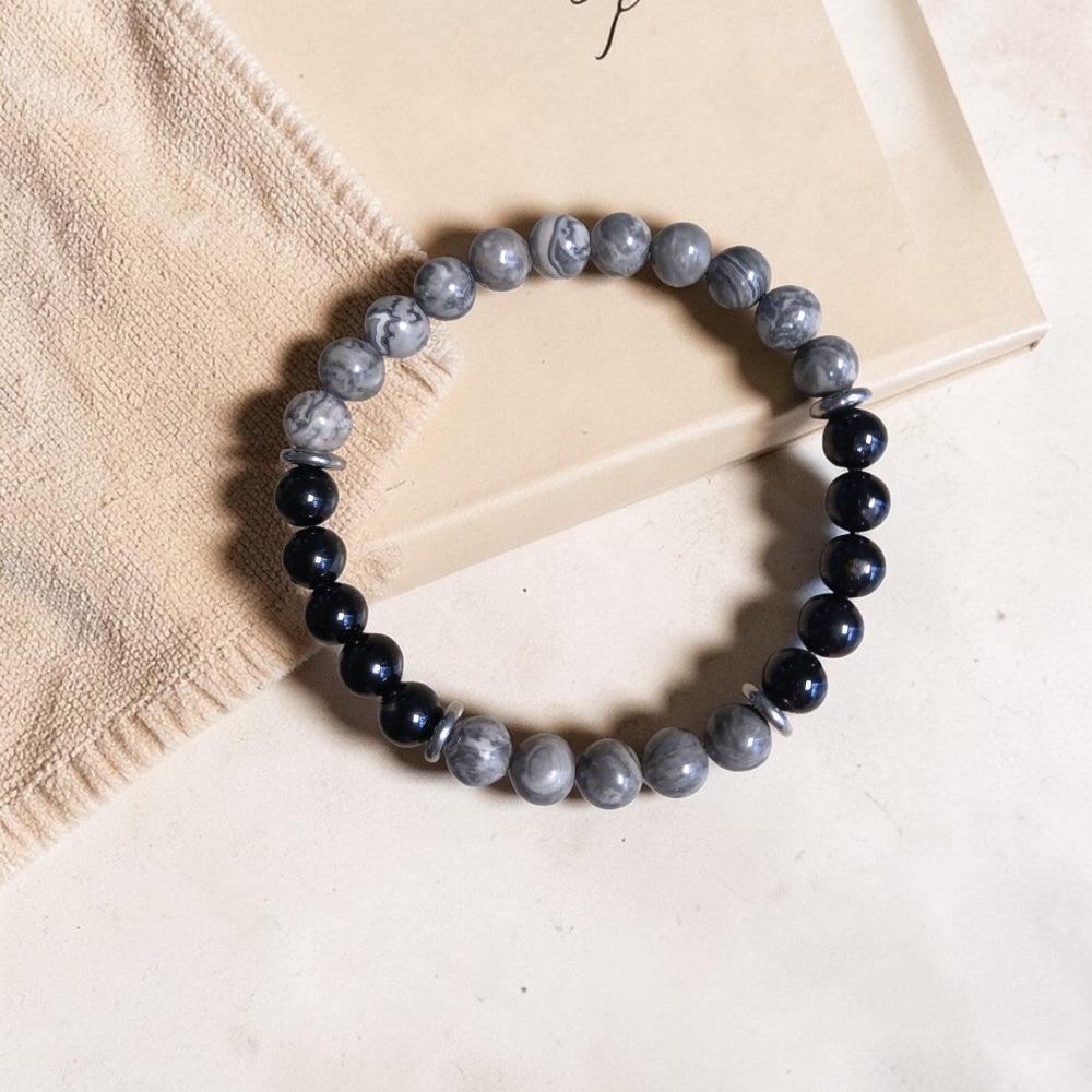 Bracelet en Jaspe Picasso & Tourmaline noire "Équilibre Tellurique" Ozora Création