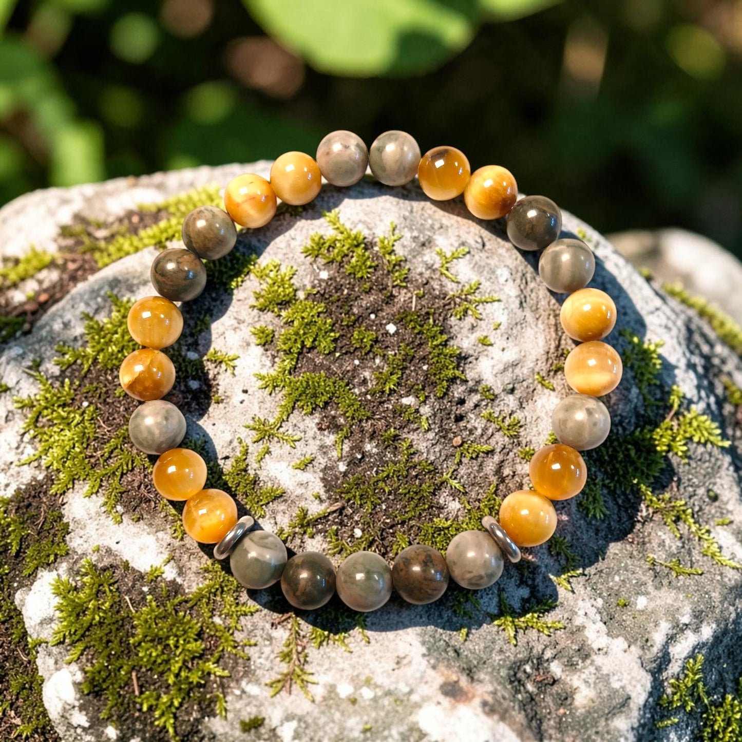 Bracelet Œil de tigre doré & Jaspe vert "Équilibre sauvage" Ozora Création