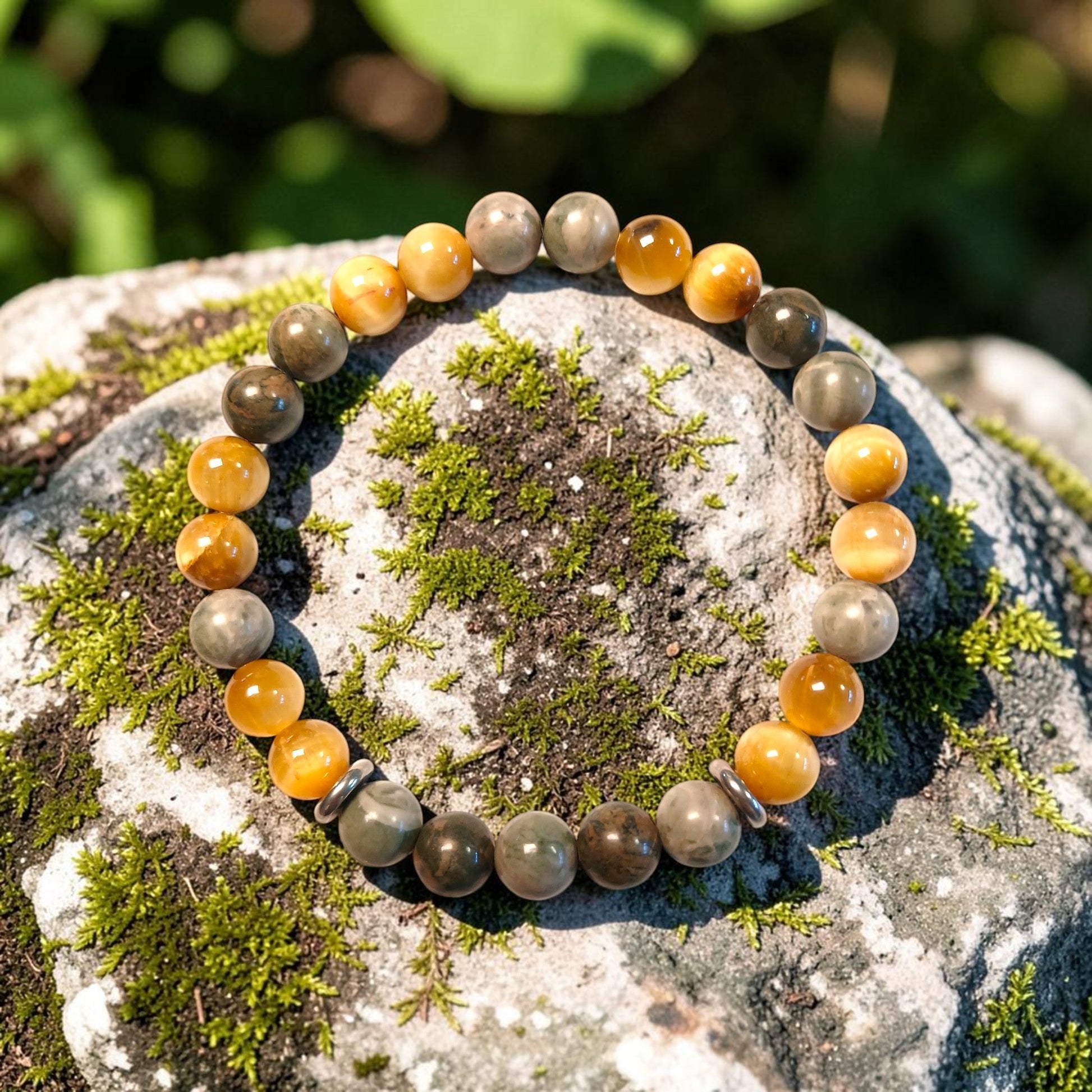 Bracelet Œil de tigre doré & Jaspe vert "Équilibre sauvage" Ozora Création