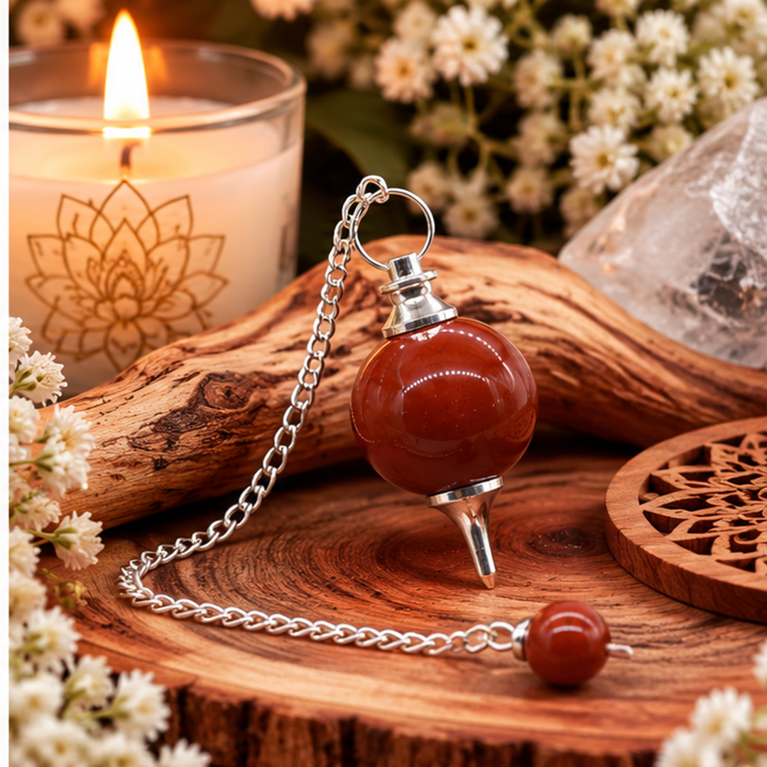 Pendule sphère en jaspe rouge naturel avec chaîne argentée pour radiesthésie. Ozora