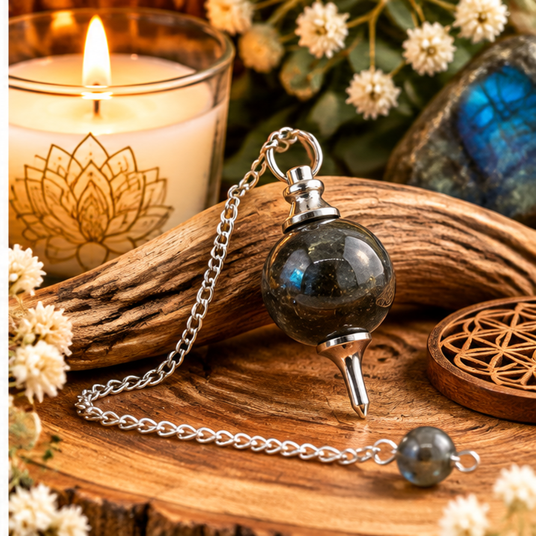Pendule sphère en labradorite naturelle avec chaîne argentée. Ozora