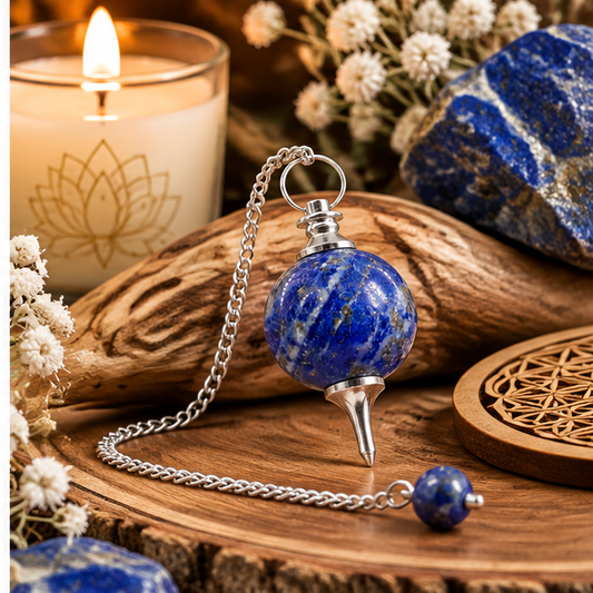 Pendule Sphère en Lapis-Lazuli Naturel et chaîne en plaqué argent. Ozora