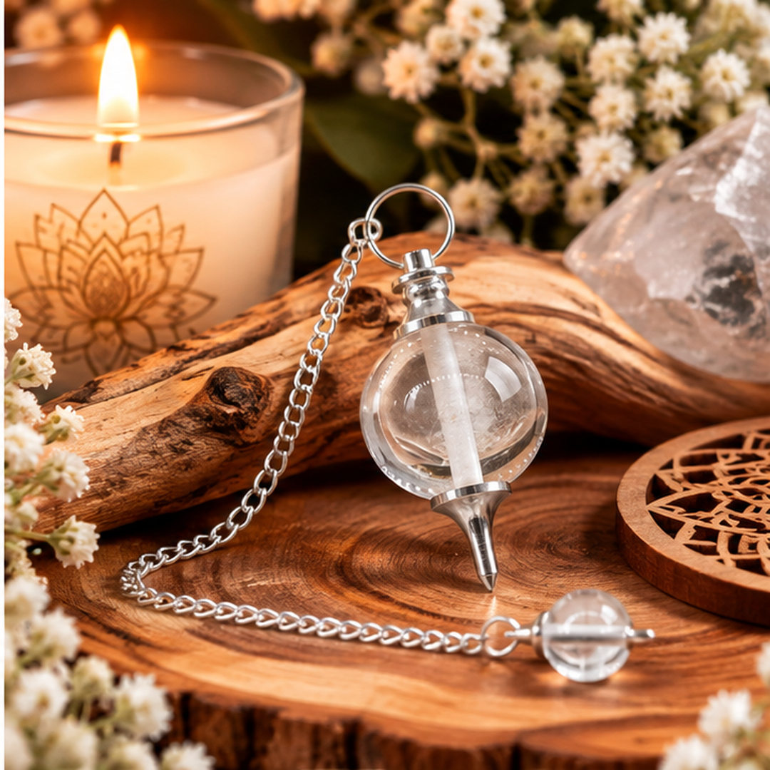 Pendule Sphère en Cristal de Roche Naturel sur une chaîne de 17 cm. Ozora