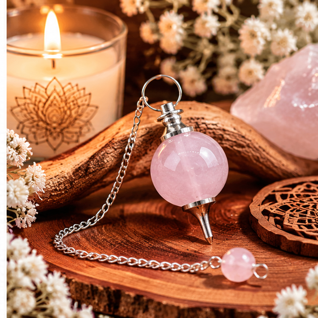 Pendule sphère en quartz rose naturel avec chaîne argentée pour radiesthésie. Ozora