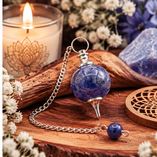 Pendule sphère en sodalite naturelle avec chaîne argentée pour radiesthésie. Ozora