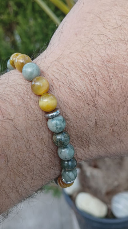 Bracelet Œil de tigre doré & Jaspe vert "Équilibre sauvage"
